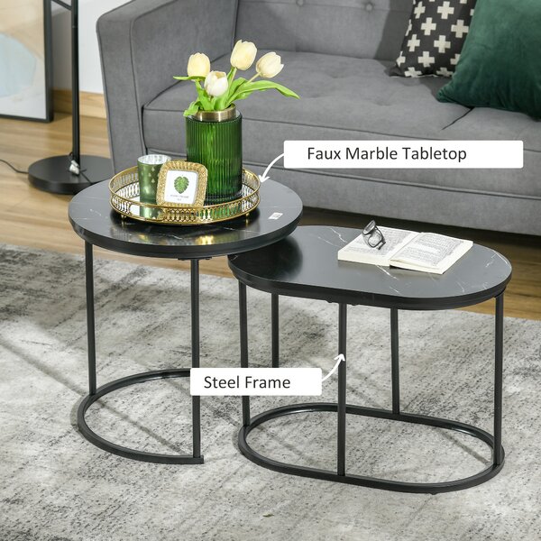 HOMCOM Marble-Effect Nest of Tables - Black/White Aosom UK