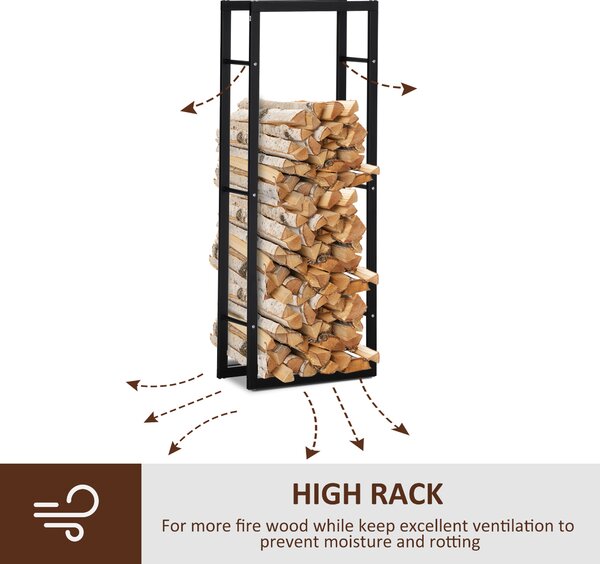 HOMCOM Metal Firewood Log Holder Tall Firewood Rack Indoor Outdoor Fireplace Wood Storage Shelf, Black, 60Wx25Dx150Hcm Aosom UK