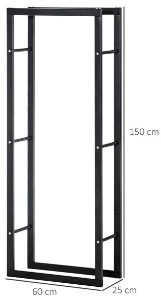 HOMCOM Metal Firewood Log Holder Tall Firewood Rack Indoor Outdoor Fireplace Wood Storage Shelf, Black, 60Wx25Dx150Hcm Aosom UK