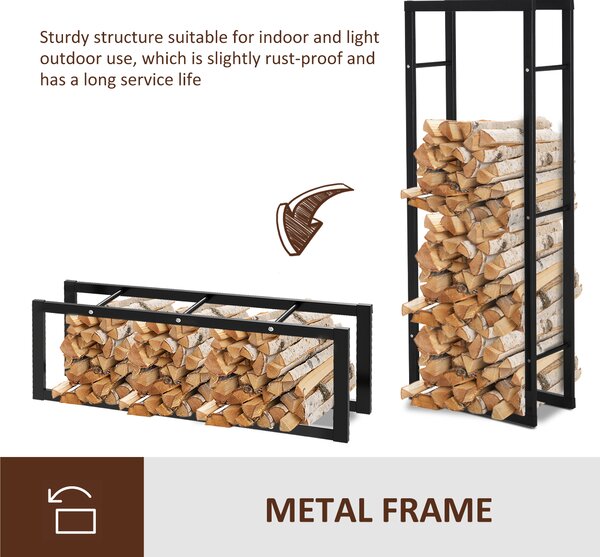 HOMCOM Metal Firewood Log Holder Tall Firewood Rack Indoor Outdoor Fireplace Wood Storage Shelf, Black, 60Wx25Dx150Hcm Aosom UK