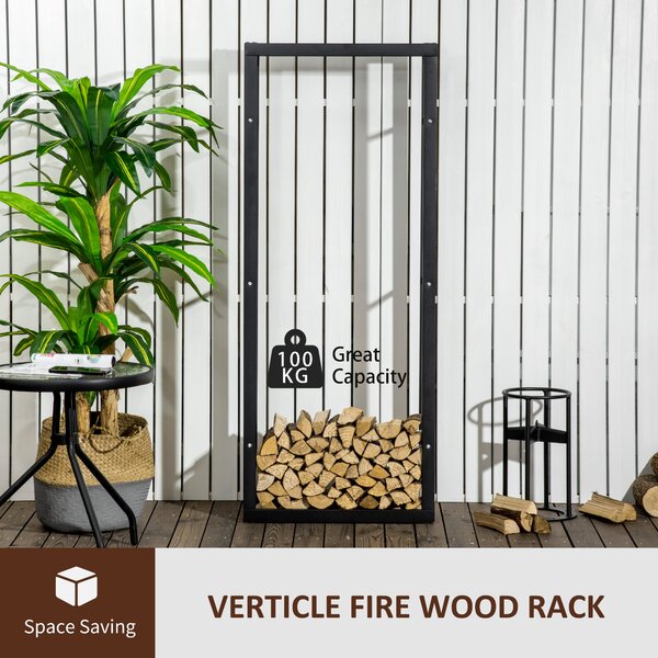 HOMCOM Metal Firewood Log Holder Tall Firewood Rack Indoor Outdoor Fireplace Wood Storage Shelf, Black, 60Wx25Dx150Hcm Aosom UK