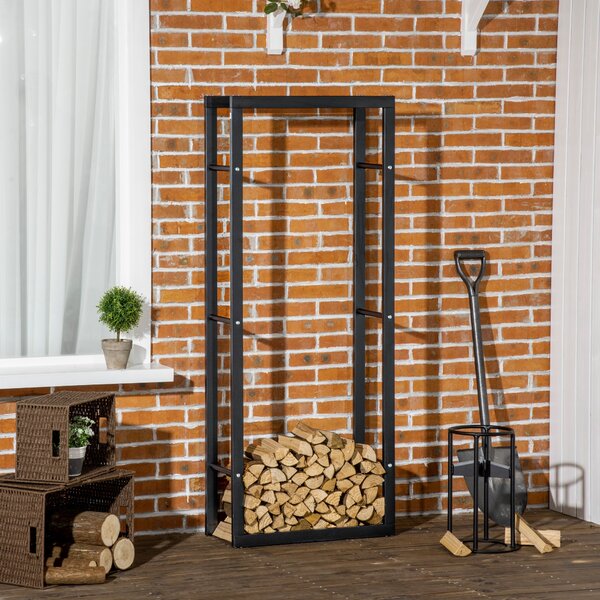 HOMCOM Metal Firewood Log Holder Tall Firewood Rack Indoor Outdoor Fireplace Wood Storage Shelf, Black, 60Wx25Dx150Hcm Aosom UK