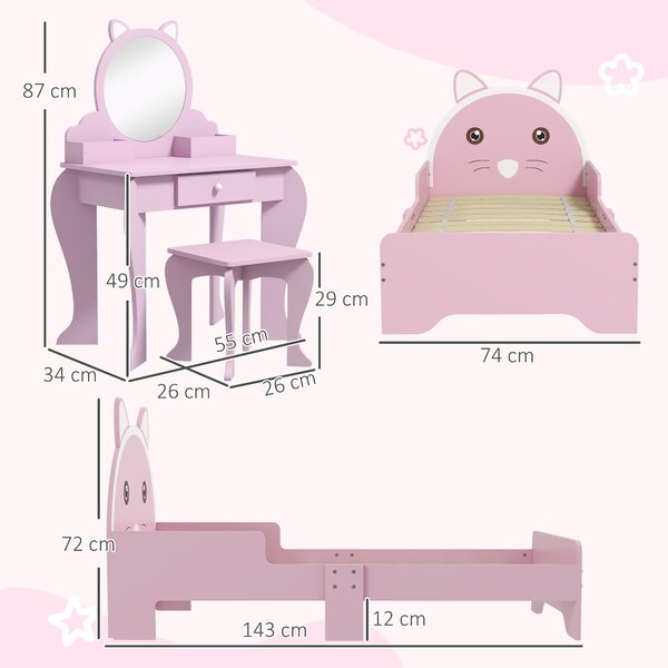 ZONEKIZ Wooden Children's Bedroom Set with Dressing Table, Stool, Bed, Cat Motif for Ages 3-6, Multicolour Aosom UK