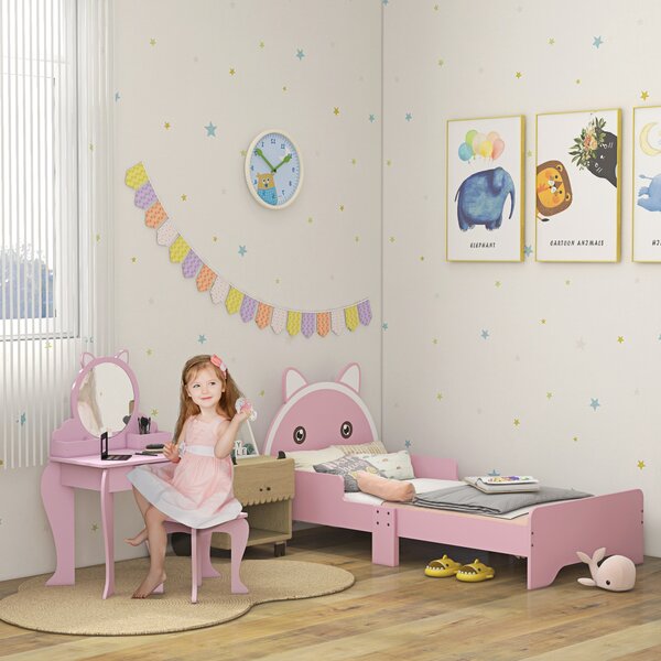 ZONEKIZ Wooden Children's Bedroom Set with Dressing Table, Stool, Bed, Cat Motif for Ages 3-6, Multicolour Aosom UK