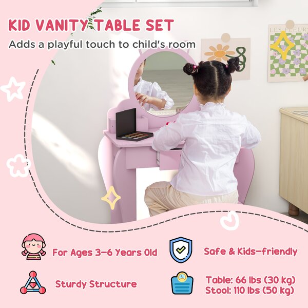 ZONEKIZ Wooden Children's Bedroom Set with Dressing Table, Stool, Bed, Cat Motif for Ages 3-6, Multicolour Aosom UK