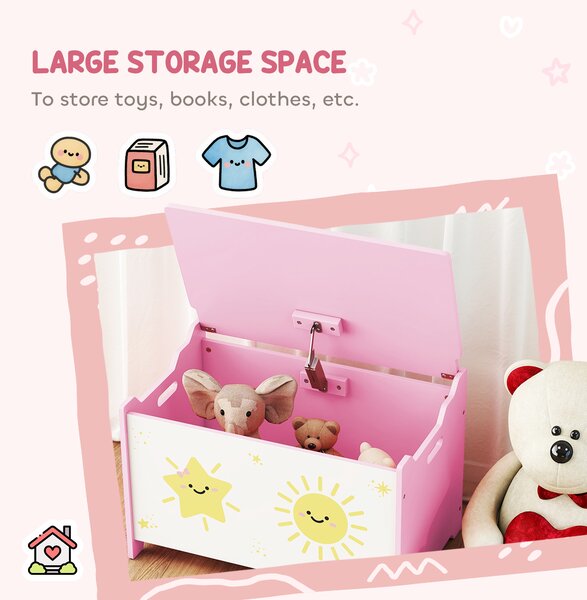 AIYAPLAY Toy Box with Lid, Safety Hinges and Groove Handles, Toy Storage organiser for Kids, Living Room, Playroom, Pink