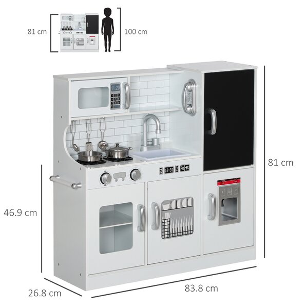 AIYAPLAY Pretend Play Kitchen, Kids Kitchen Playset, with Toy Phone, Chalkboard, Microwave, Cooking Stove, Sink, White