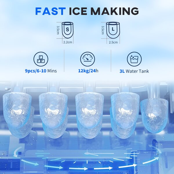 HOMCOM 3L Ice Maker Machine and Water Dispenser, 12kg in 24H, 2 Sizes 9 Ice Cubes Ready in 6-10 Mins Ice Machine, Red