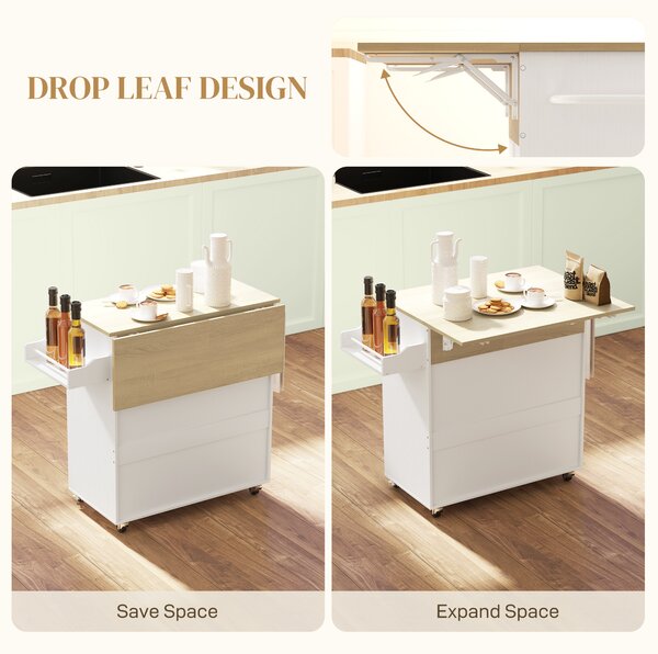 HOMCOM Rolling Kitchen Island with Drop Leaf, Kitchen Storage Cart with Drawer, Spice Rack and Towel Rack, White