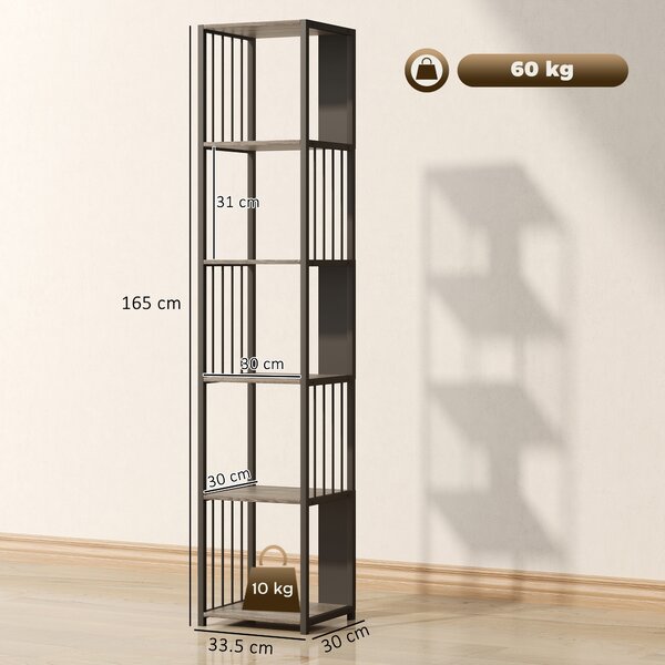 HOMCOM 5-Tier Bookshelf with Steel Frame - Grey