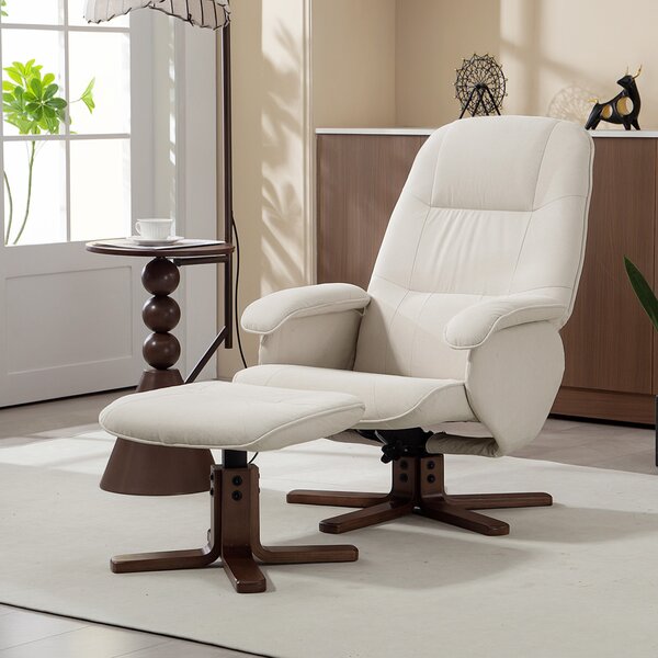 HOMCOM Reclining Swivel Chair with Footstool Linen Recliner Set Upholstered with Footstool Wooden Base Living Room, Beige Aosom UK
