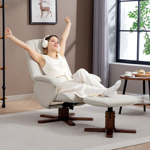 HOMCOM Reclining Swivel Chair with Footstool Linen Recliner Set Upholstered with Footstool Wooden Base Living Room, Beige Aosom UK