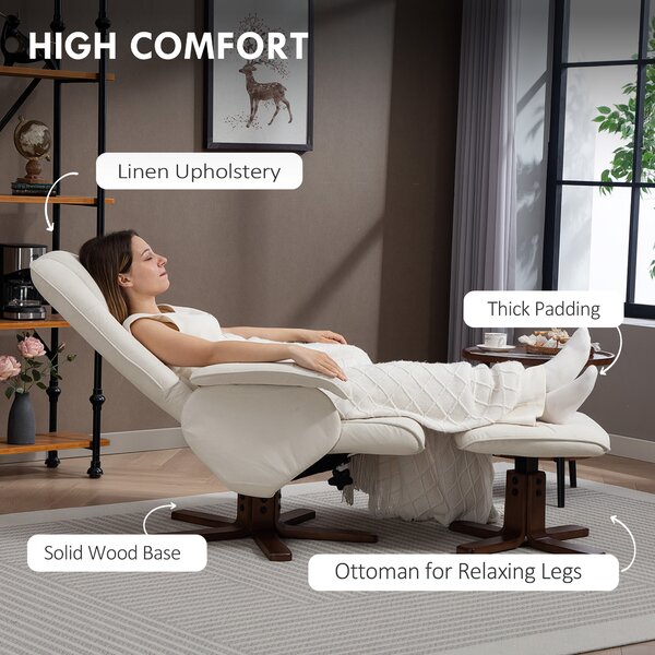 HOMCOM Reclining Swivel Chair with Footstool Linen Recliner Set Upholstered with Footstool Wooden Base Living Room, Beige Aosom UK