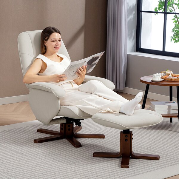HOMCOM Reclining Swivel Chair with Footstool Linen Recliner Set Upholstered with Footstool Wooden Base Living Room, Beige Aosom UK