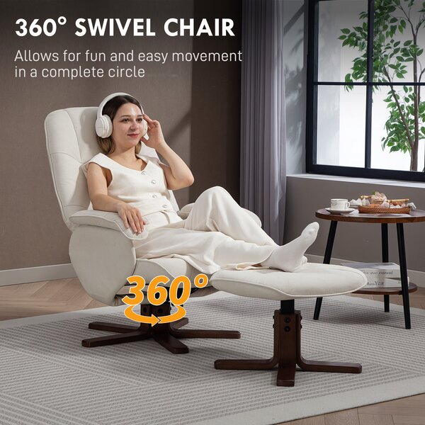 HOMCOM Reclining Swivel Chair with Footstool Linen Recliner Set Upholstered with Footstool Wooden Base Living Room, Beige Aosom UK