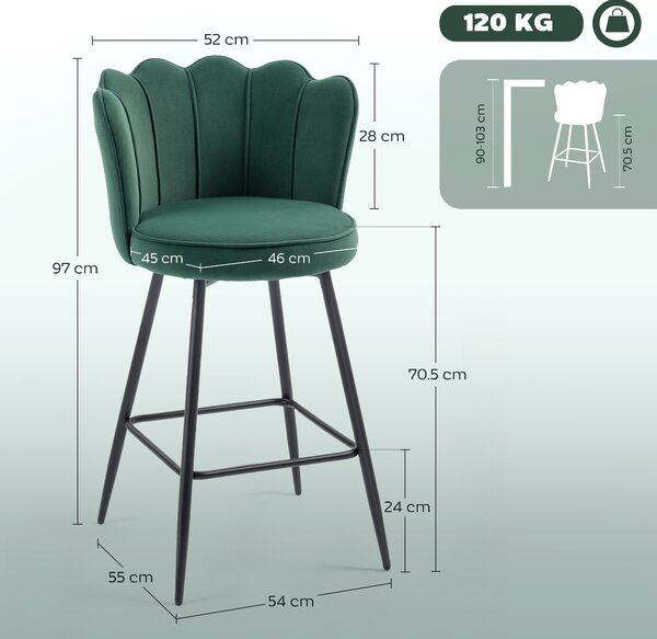 HOMCOM Set of Two Velvet-Feel Lotus Bar Stools - Dark Green