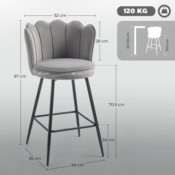 HOMCOM Set of Two Velvet-Feel Lotus Bar Stools - Grey