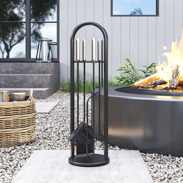 Outsunny 5 Pieces Fireplace Companion Set, Metal Fireplace Accessories Fireside Companion Set with Broom, Shovel, Poker, A Pair of Tongs, Stand, Silver