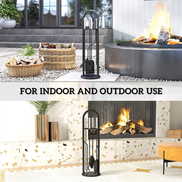 Outsunny 5 Pieces Fireplace Companion Set, Metal Fireplace Accessories Fireside Companion Set with Broom, Shovel, Poker, A Pair of Tongs, Stand, Silver