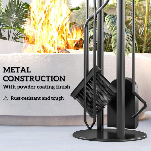 Outsunny 5 Pieces Fireplace Companion Set, Metal Fireplace Accessories Fireside Companion Set with Broom, Shovel, Poker, A Pair of Tongs, Stand, Silver