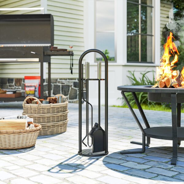 Outsunny 5 Pieces Fireplace Companion Set, Metal Fireplace Accessories Fireside Companion Set with Broom, Shovel, Poker, A Pair of Tongs, Stand, Silver