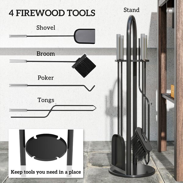 Outsunny 5 Pieces Fireplace Companion Set, Metal Fireplace Accessories Fireside Companion Set with Broom, Shovel, Poker, A Pair of Tongs, Stand, Silver