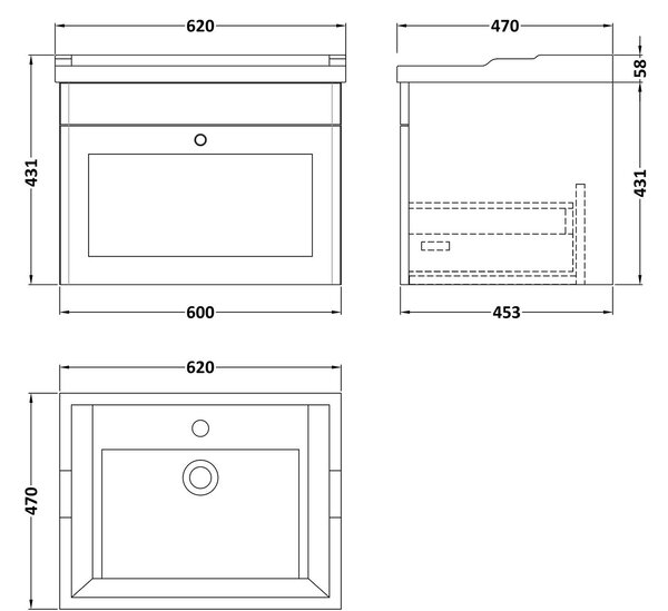 Classique Wall Mounted 1 Drawer Vanity Unit with Ceramic Basin