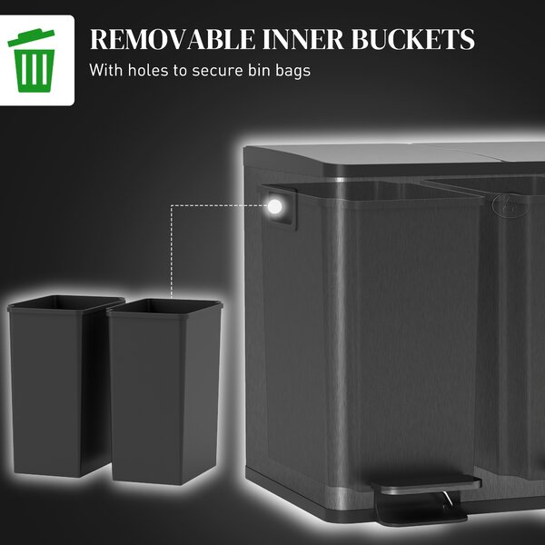 HOMCOM 30L Dual Compartment Stainless Steel Bin, with Deodoriser Holders - Black