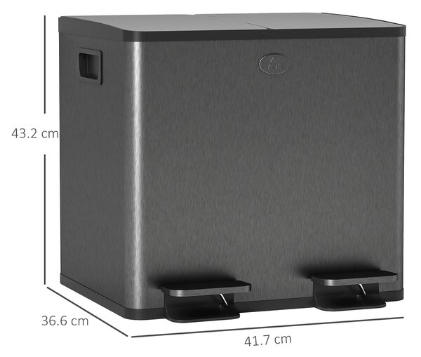 HOMCOM 30L Dual Compartment Stainless Steel Bin, with Deodoriser Holders - Black