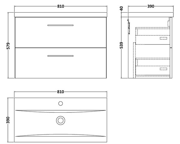 Arno Wall Mounted 2 Drawer Vanity Unit with Basin