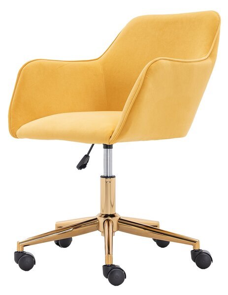 Velvet Swivel Desk Chair, Adjustable Height, Ergonomic Back, Gold Legs, Sewing/Vanity Chair with Arms, 58x58x86 cm, Yellow Aosom UK