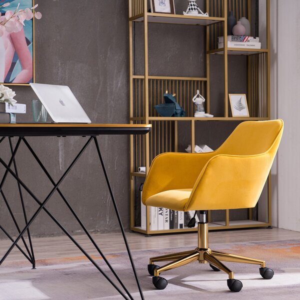 Velvet Swivel Desk Chair, Adjustable Height, Ergonomic Back, Gold Legs, Sewing/Vanity Chair with Arms, 58x58x86 cm, Yellow Aosom UK