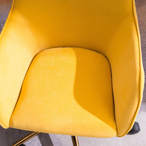 Velvet Swivel Desk Chair, Adjustable Height, Ergonomic Back, Gold Legs, Sewing/Vanity Chair with Arms, 58x58x86 cm, Yellow Aosom UK