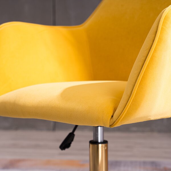 Velvet Swivel Desk Chair, Adjustable Height, Ergonomic Back, Gold Legs, Sewing/Vanity Chair with Arms, 58x58x86 cm, Yellow Aosom UK