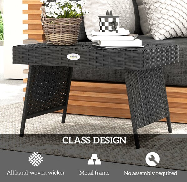 Outsunny Foldable Outdoor Coffee Table, Steel Frame Rattan Side Table, Coffee Table Side Table for Garden, Black