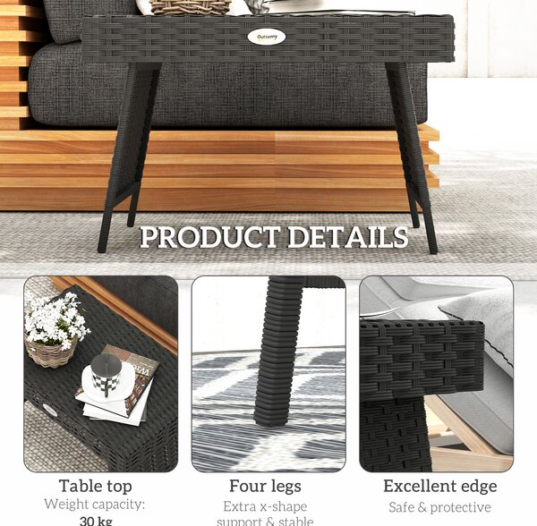 Outsunny Foldable Outdoor Coffee Table, Steel Frame Rattan Side Table, Coffee Table Side Table for Garden, Black