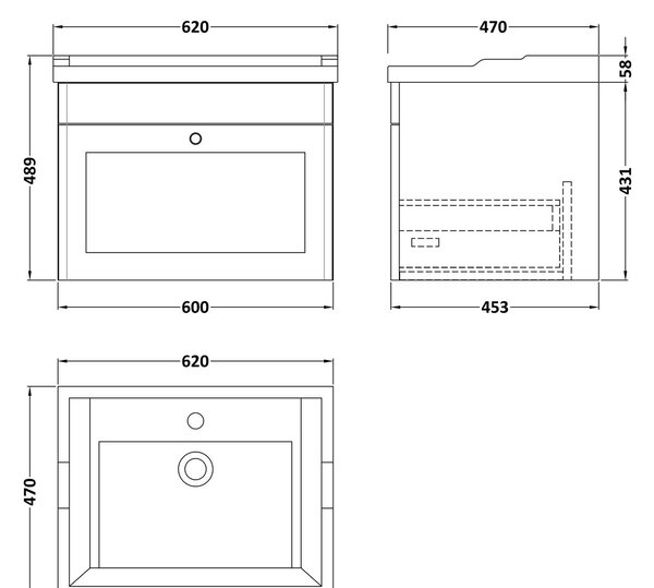 Classique Wall Mounted 1 Drawer Vanity Unit with Ceramic Basin