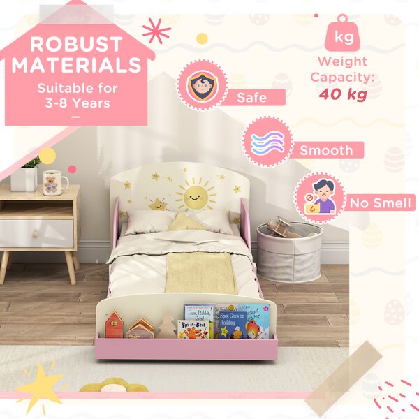 AIYAPLAY Toddler Bed with Storage, Guardrails, Sun Design, for Ages 3-8 Years, Fits 140 x 70cm Mattress