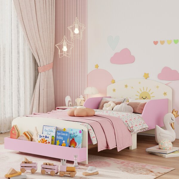AIYAPLAY Toddler Bed with Storage, Guardrails, Sun Design, for Ages 3-8 Years, Fits 140 x 70cm Mattress