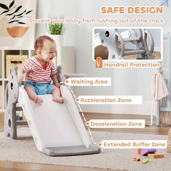 AIYAPLAY 3 in 1 Kids Slide with Climber, Basketball Hoop and Ball, Giraffe Shape Climber Slide for Indoor Kids Age 1-3, Grey