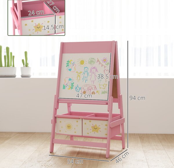 AIYAPLAY Art Easel for Kids, Double-Sided Whiteboard/Blackboard with Paper Roll, Two Storage Boxes, for Ages 3-8 Years, Pink