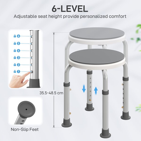 HOMCOM 360° Swivel Shower Chair, Height Adjustable Aluminium Shower Stool with Non-Slip Feet for Disabled, Elderly, Grey