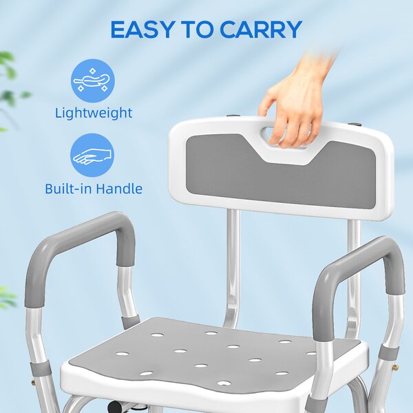 HOMCOM EVA Padded Shower Chair for the Elderly and Disabled, Height Adjustable Shower Stool with Back and Arms, 4 Suction Foot Pads, Light Grey