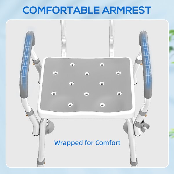 HOMCOM EVA Padded Shower Chair for the Elderly and Disabled, Height Adjustable Shower Stool with Back and Arms, 4 Suction Foot Pads, Light Grey