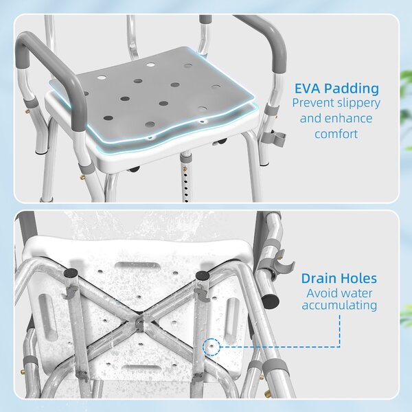 HOMCOM EVA Padded Shower Chair for the Elderly and Disabled, Height Adjustable Shower Stool with Back and Arms, 4 Suction Foot Pads, Light Grey