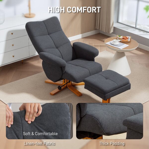 HOMCOM Linen-Look Recliner, with Storage Ottoman, Cat Scratch Resistant Material, Grey Aosom UK