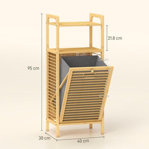 HOMCOM Bamboo Laundry Cabinet with Slatted Door, Bathroom Cabinet with Tilt-Out Hamper and Removable Liner Bag, 40 x 30D x 95 cm, Natural Wood Finish
