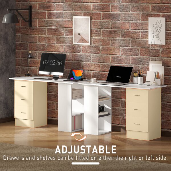 HOMCOM Computer Desk, Writing Table, PC Workstation with 3 Storage Shelves and Drawers, Silver Handle, for Home Office, White