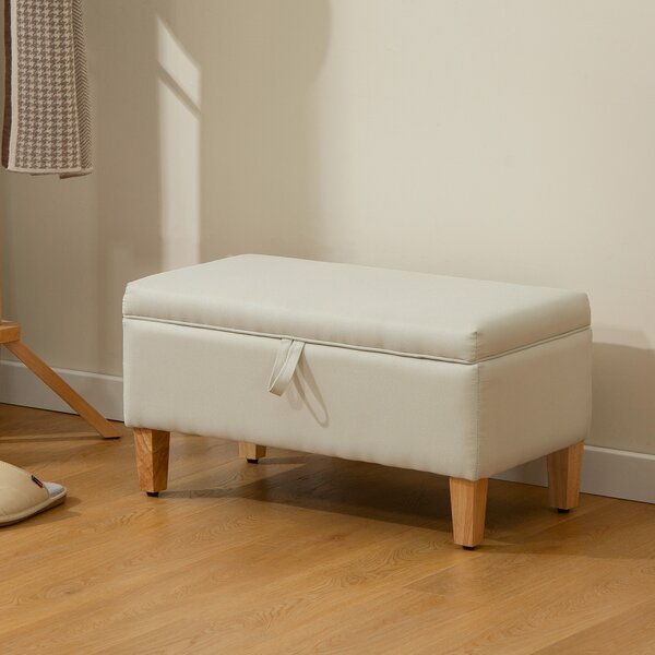 HOMCOM 30L Linen Storage Ottoman Padded Footstool with Rubberwood Legs for Storage Box, Bed End, Shoe Bench, Seating, Beige