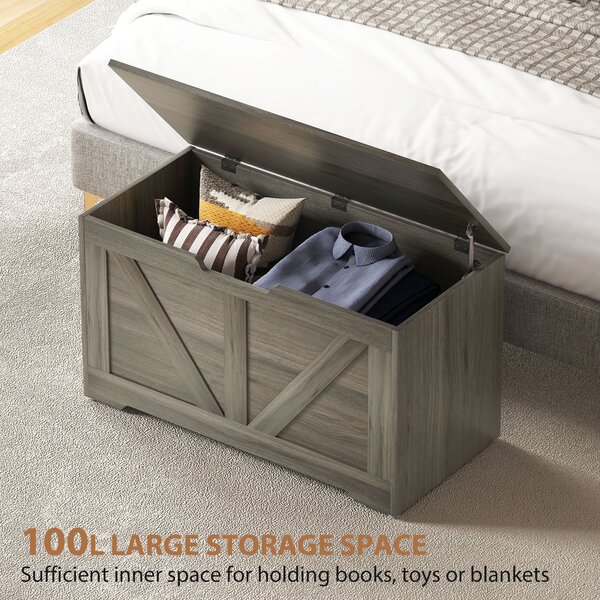 HOMCOM 100L Home Storage Box with Safety Hinges, Large Capacity for Organizing Clothes, Toys & Household Items, Charcoal Grey Aosom UK